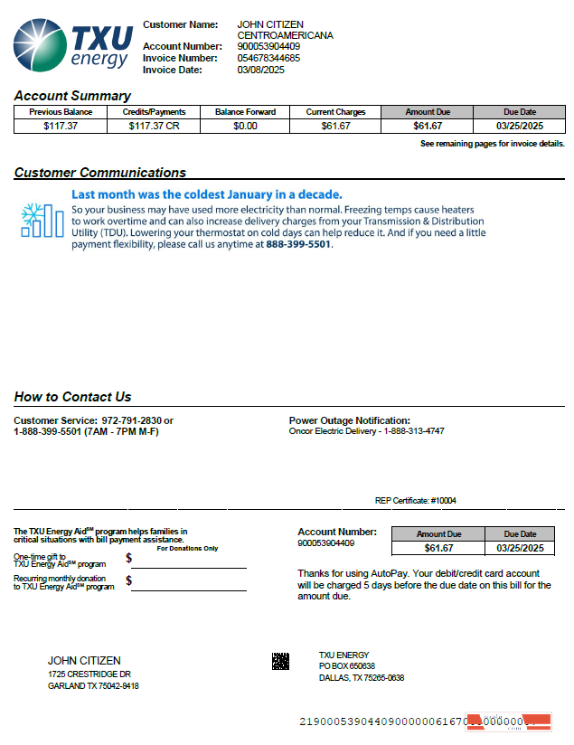 USA TXU Energy utility bill template in Word and PDF formats, version 4